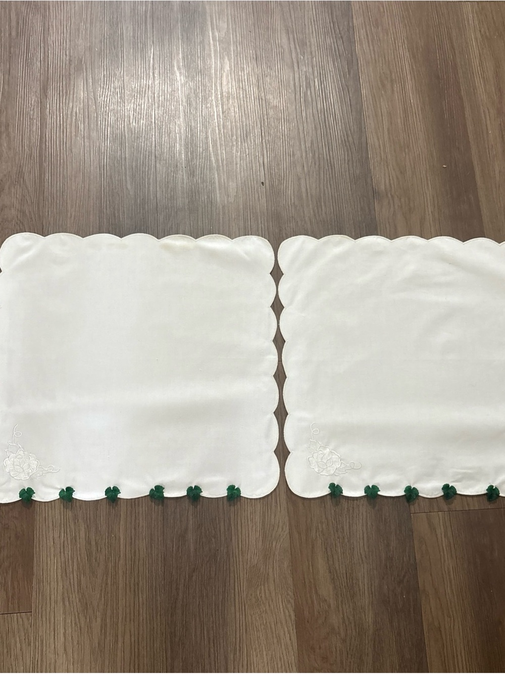 White Scalloped Curtains with Green Tassel Trim handmade